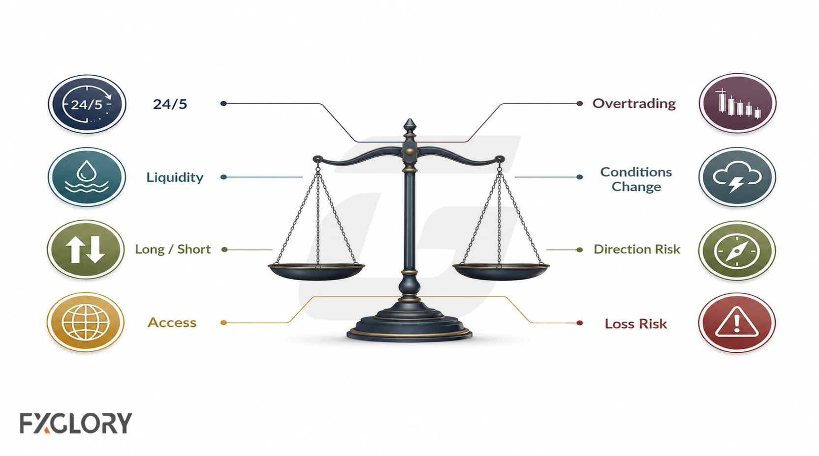 A balance scale pairing forex benefits such as 24/5 access, liquidity, long and short trading, and accessibility with overtrading, changing conditions, directional risk, and loss risk.