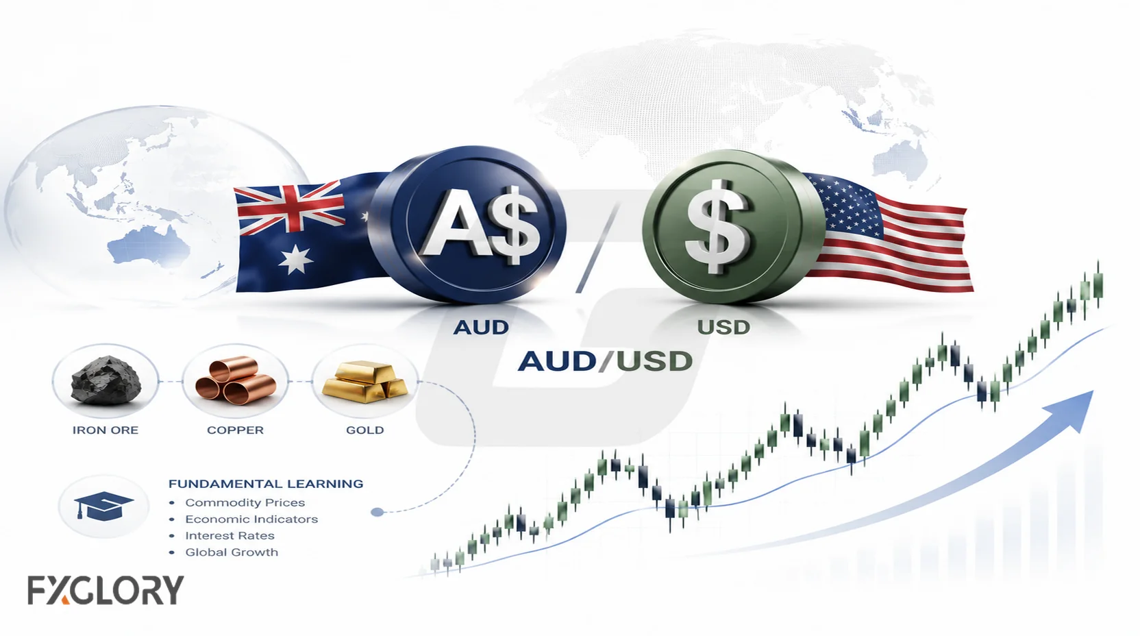 AUD/USD paired with commodity icons to illustrate its connection to resource-driven markets.