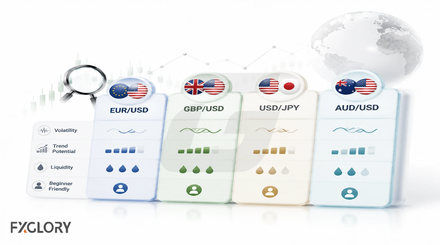 Comparison cards for four beginner-friendly forex pairs using simple visual indicators.