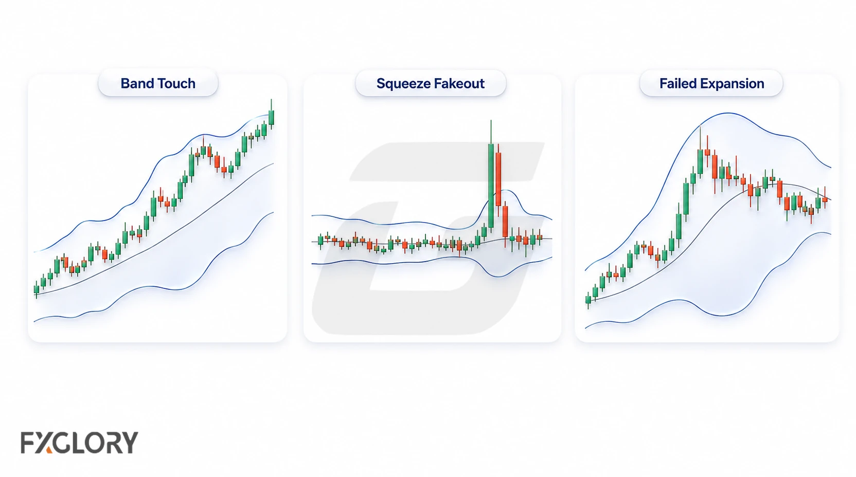 Three Bollinger Bands examples show a continuing band touch, a squeeze fakeout, and an expansion that loses follow-through.