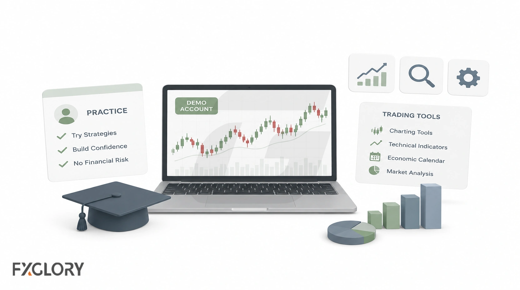 A demo trading account displayed on a laptop beside practice steps and tools for charting, technical indicators, economic events, and market analysis.