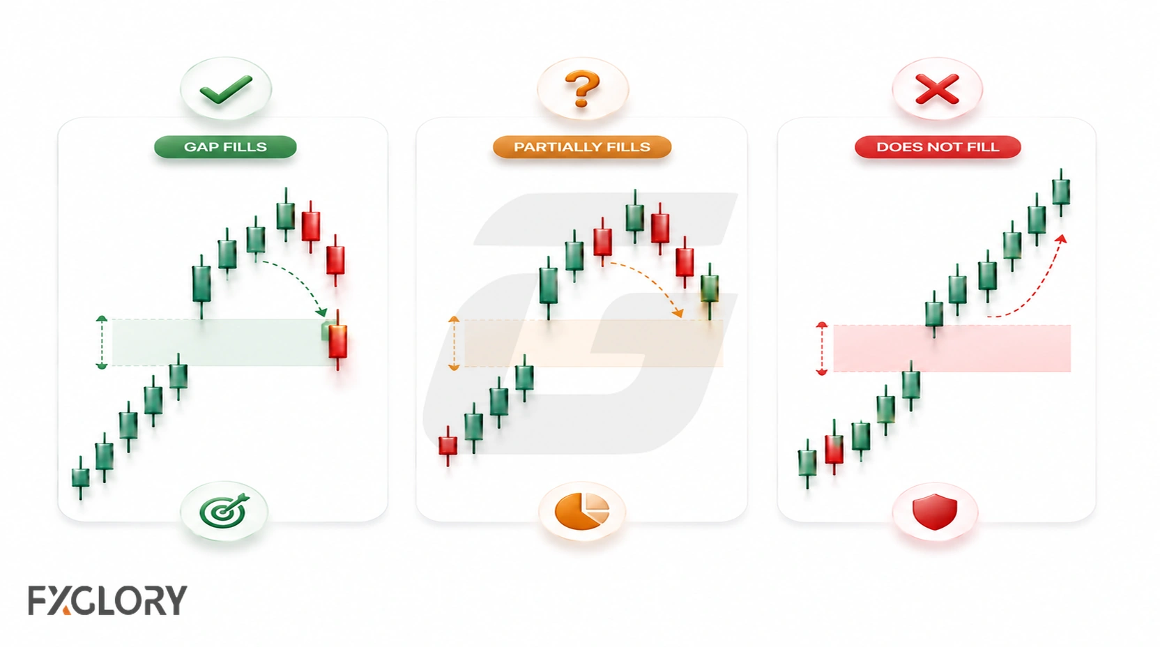 Three chart examples showing complete, partial, and unfilled gap outcomes.