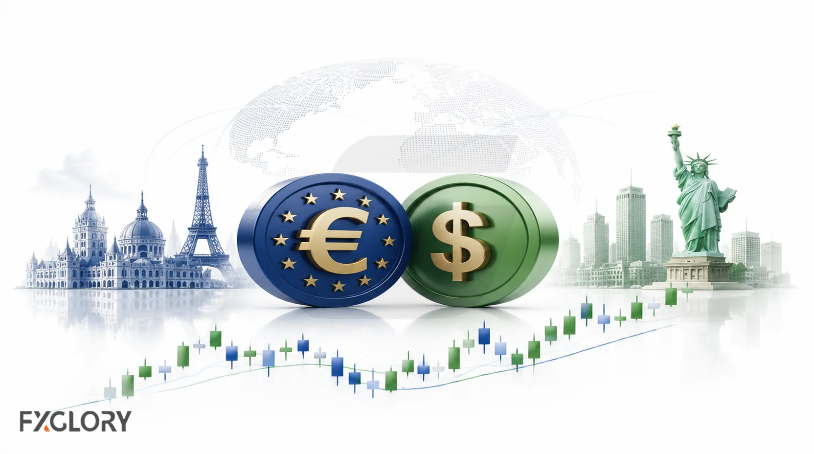 EUR/USD illustrated with market symbols, a rising price chart, and global market elements.