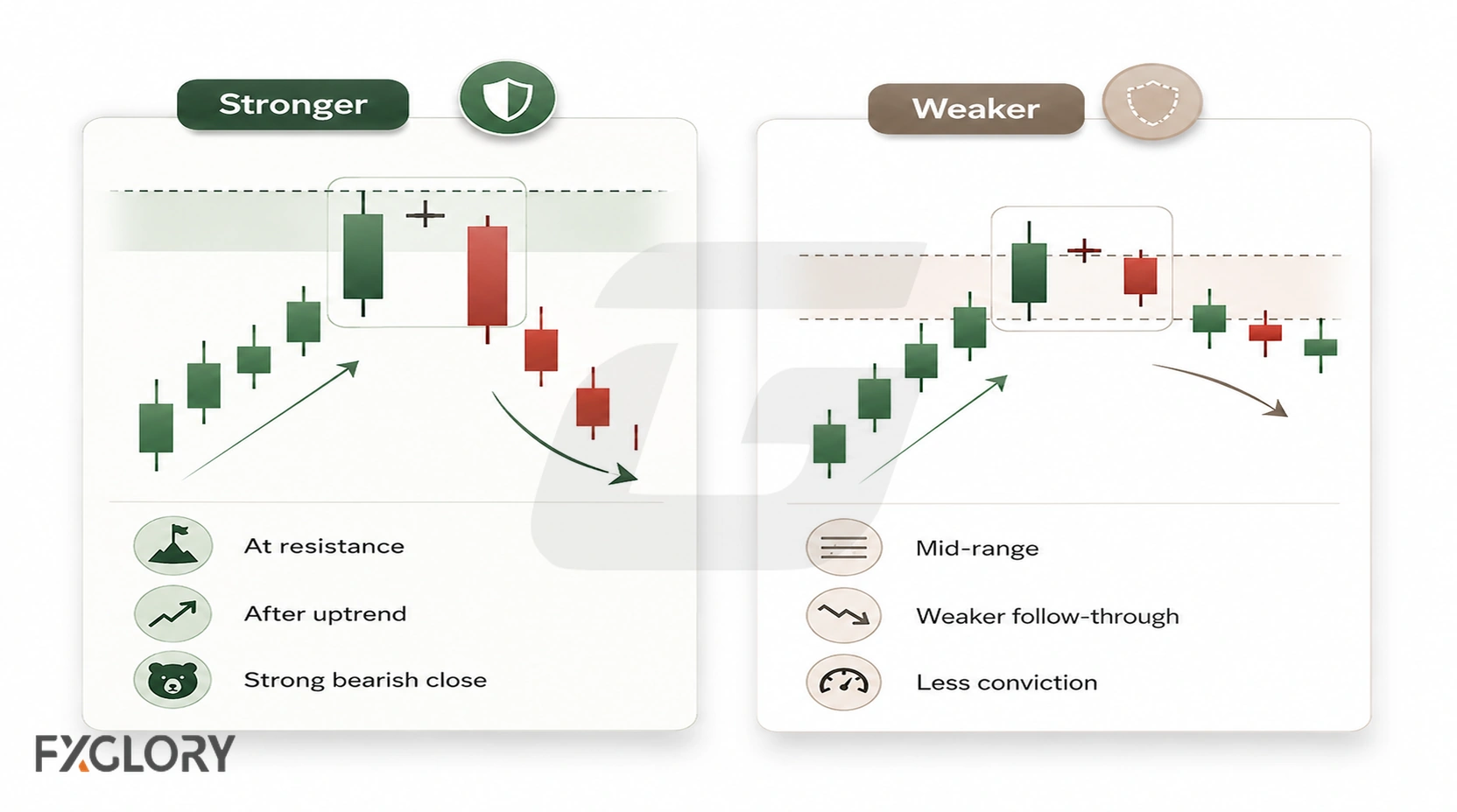 Stronger and weaker Evening Star setups compare trend context, resistance, third-candle strength, follow-through, and conviction.