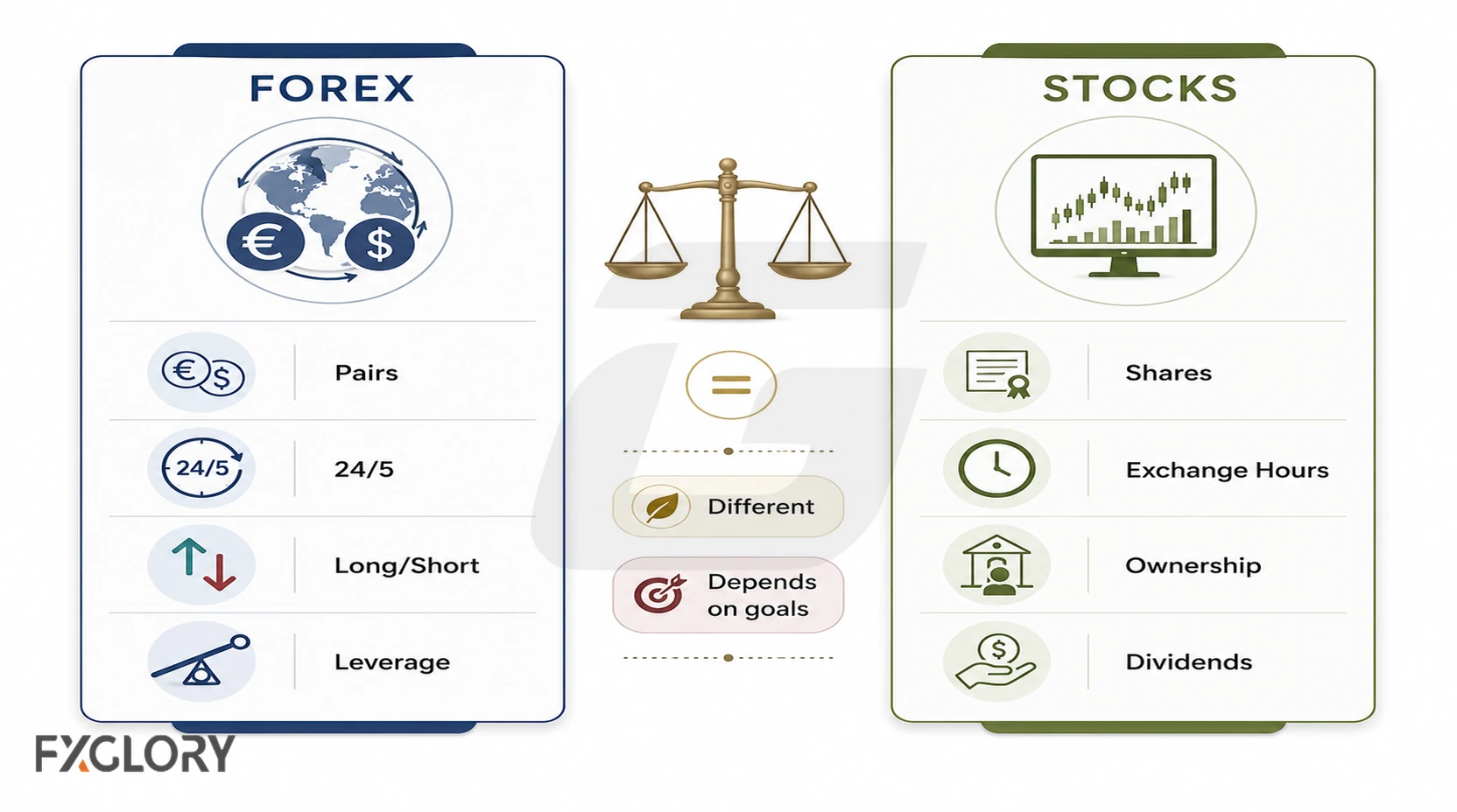 A balanced comparison of forex and stocks showing currency pairs, 24/5 access, long and short trading, and leverage beside shares, exchange hours, ownership, and dividends.