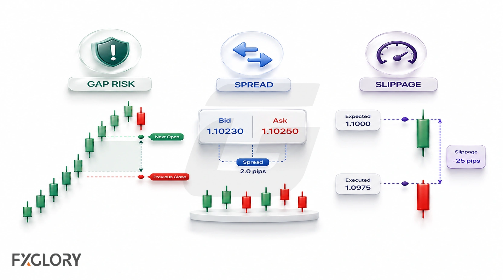 Diagram comparing gap risk, bid-ask spread, and slippage during volatile trading conditions.