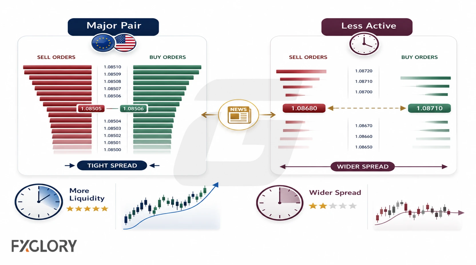 A major currency pair with deeper buy and sell orders and a tighter spread compared with a less active pair with thinner liquidity and a wider spread.