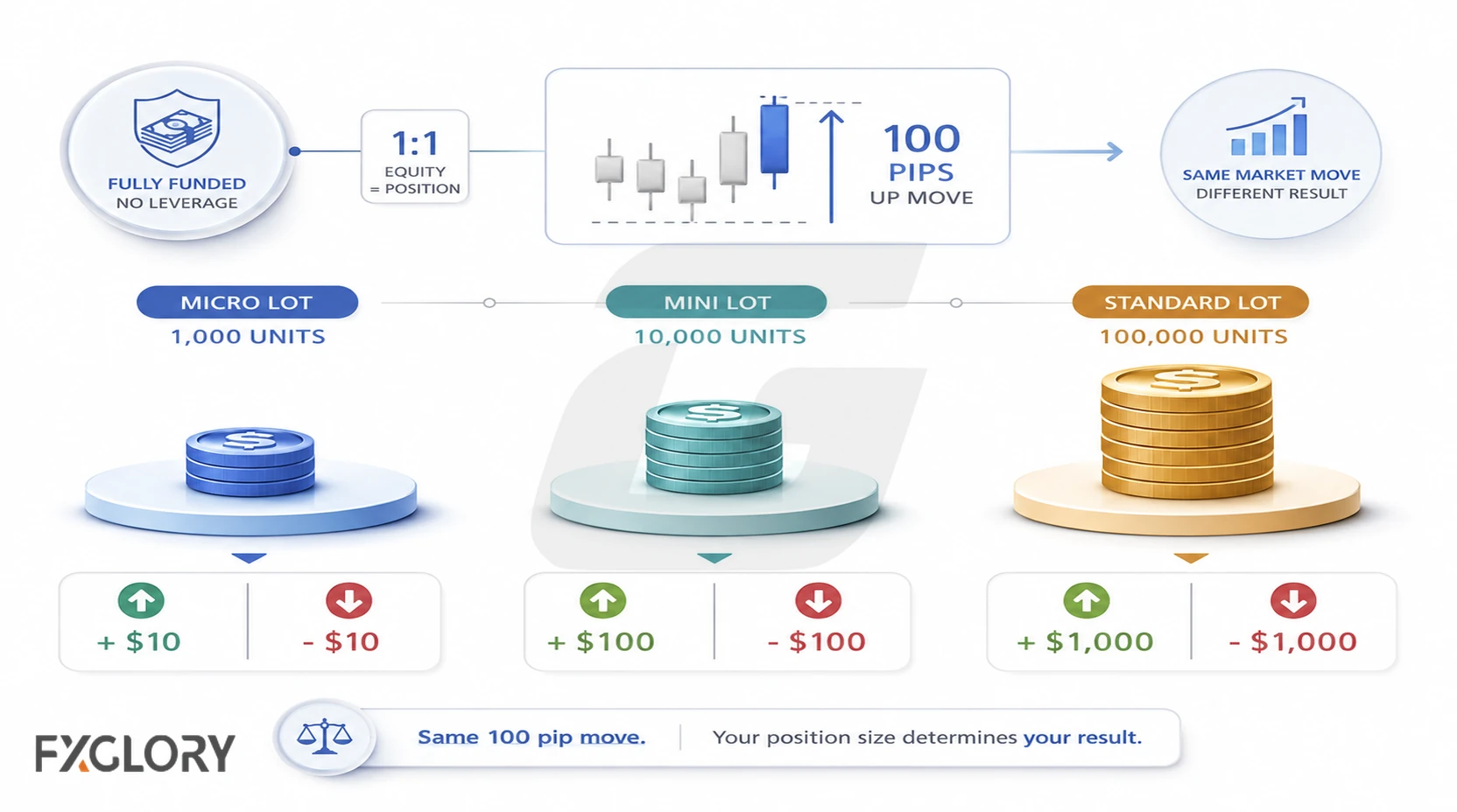 Micro, mini, and standard EUR/USD positions at 1.1000 requiring about $1,100, $11,000, and $110,000 when fully funded at 1:1.