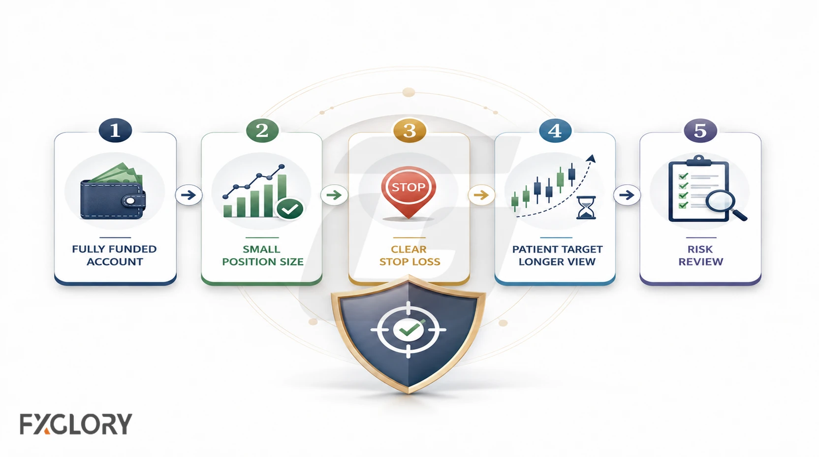 A five-step forex risk workflow moving from a fully funded account to small position size, a clear stop-loss, patient trade management, and final risk review.