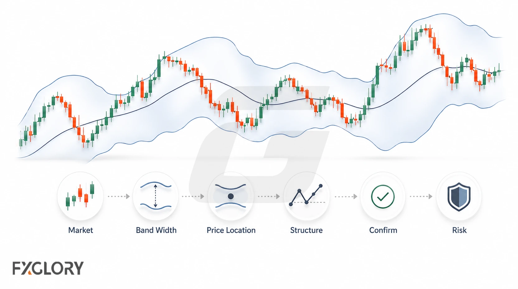 A Bollinger Bands chart sits above a six-step review flow covering market condition, band width, price location, structure, confirmation, and risk.