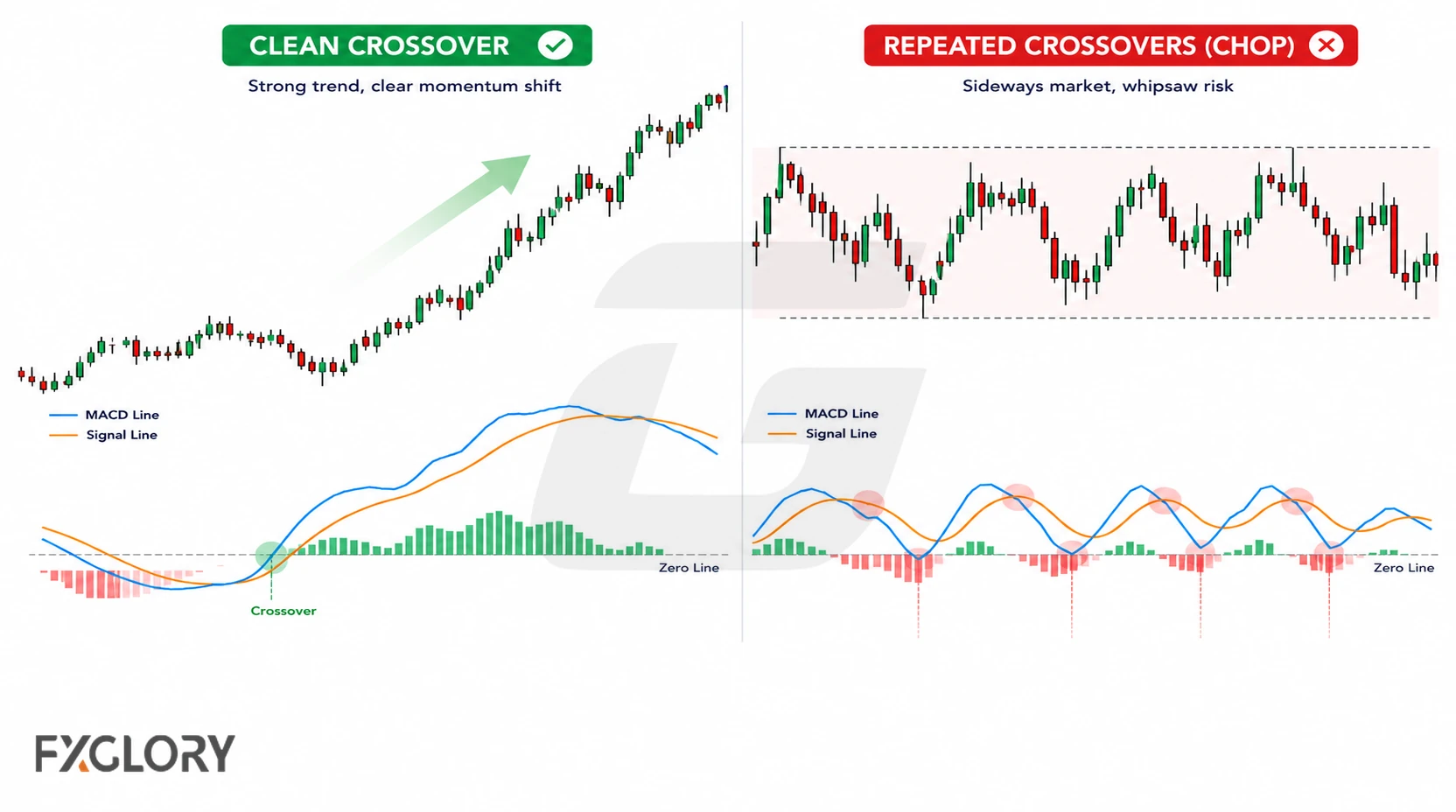 A clean MACD crossover during a rising price trend is compared with repeated MACD and signal line crossovers during sideways price action.