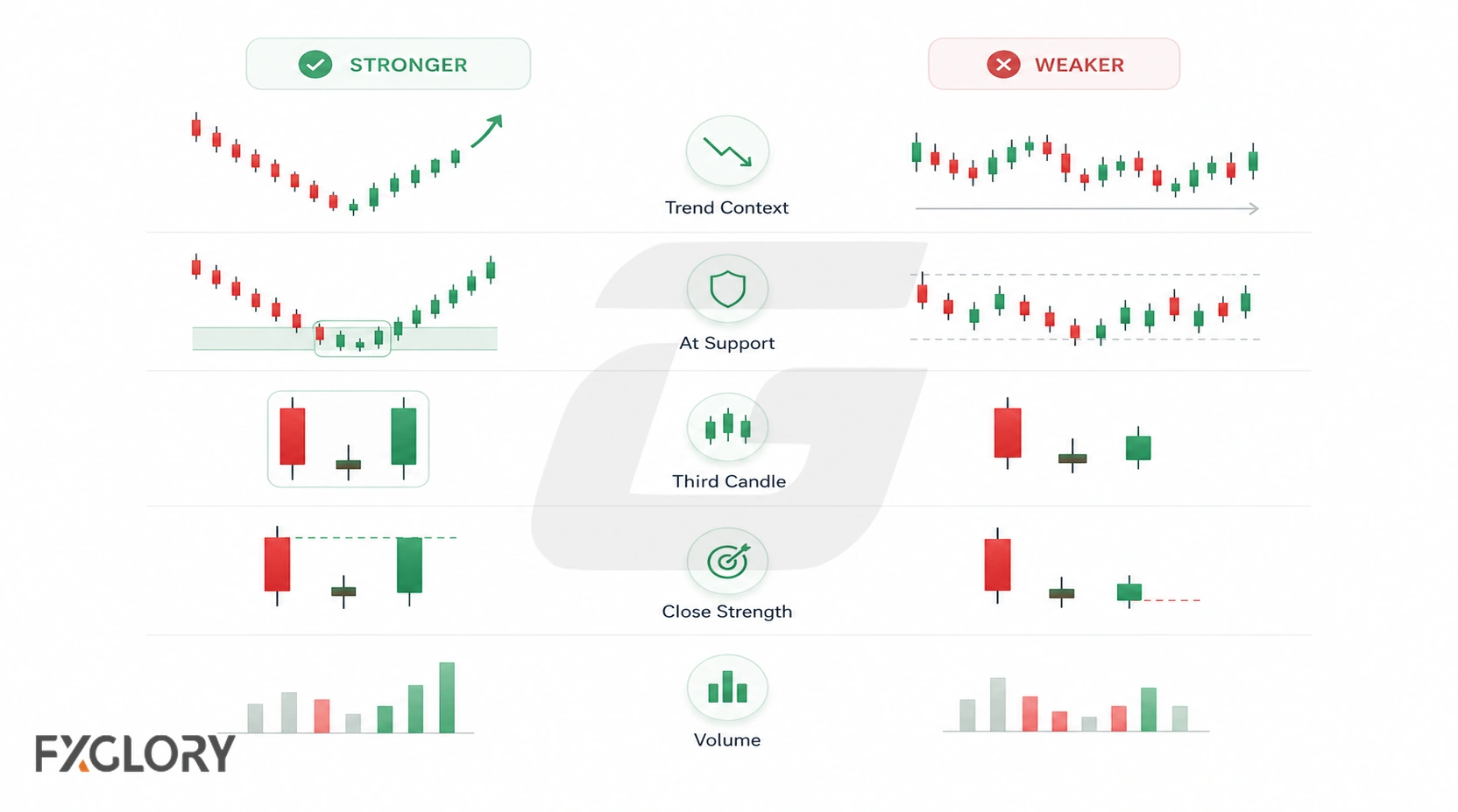 Stronger and weaker Morning Star examples compare trend context, support, third-candle strength, closing strength, and volume.