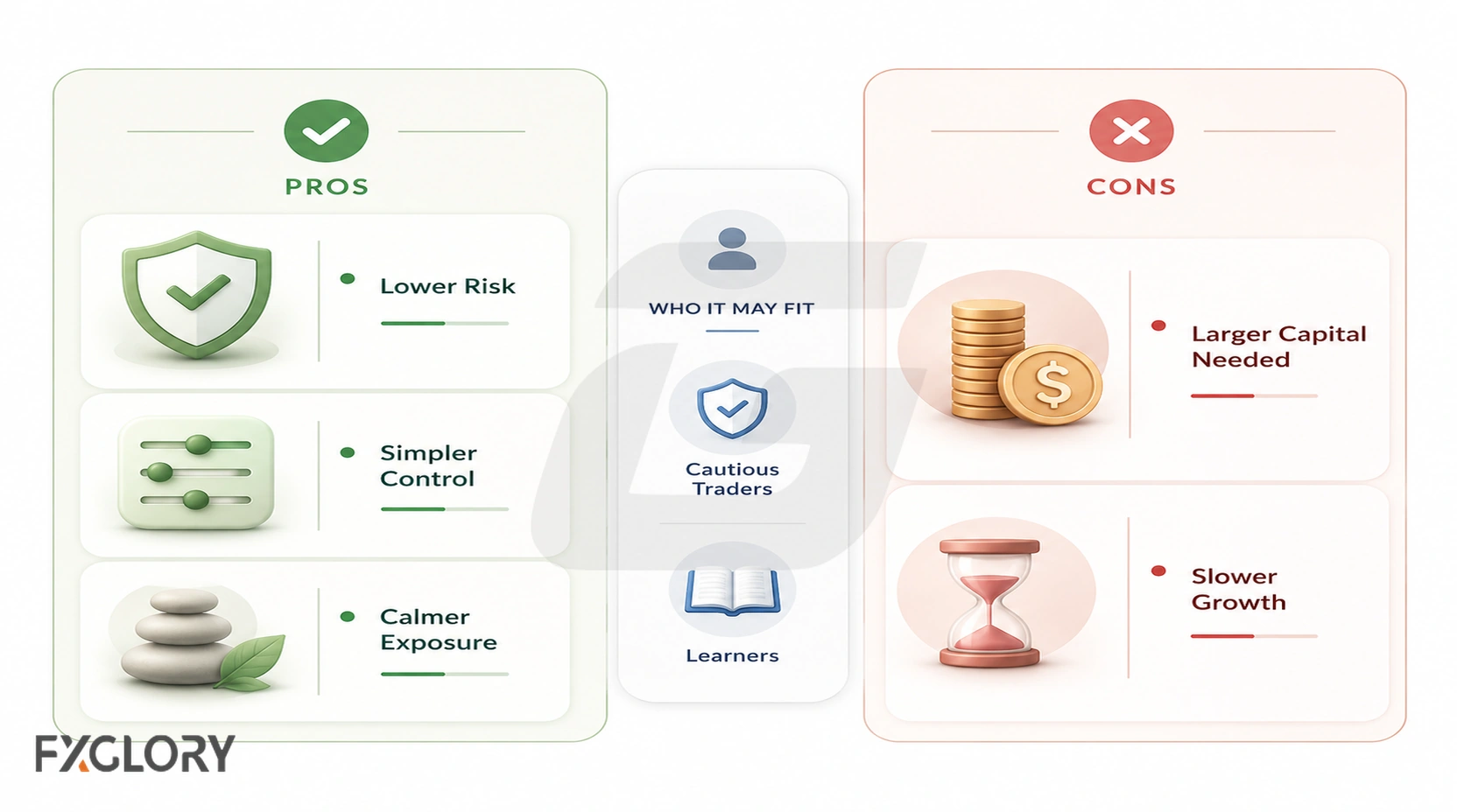 A balanced comparison of no-leverage forex showing lower exposure and simpler control against higher capital needs and slower account growth, with cautious traders and learners in the middle.