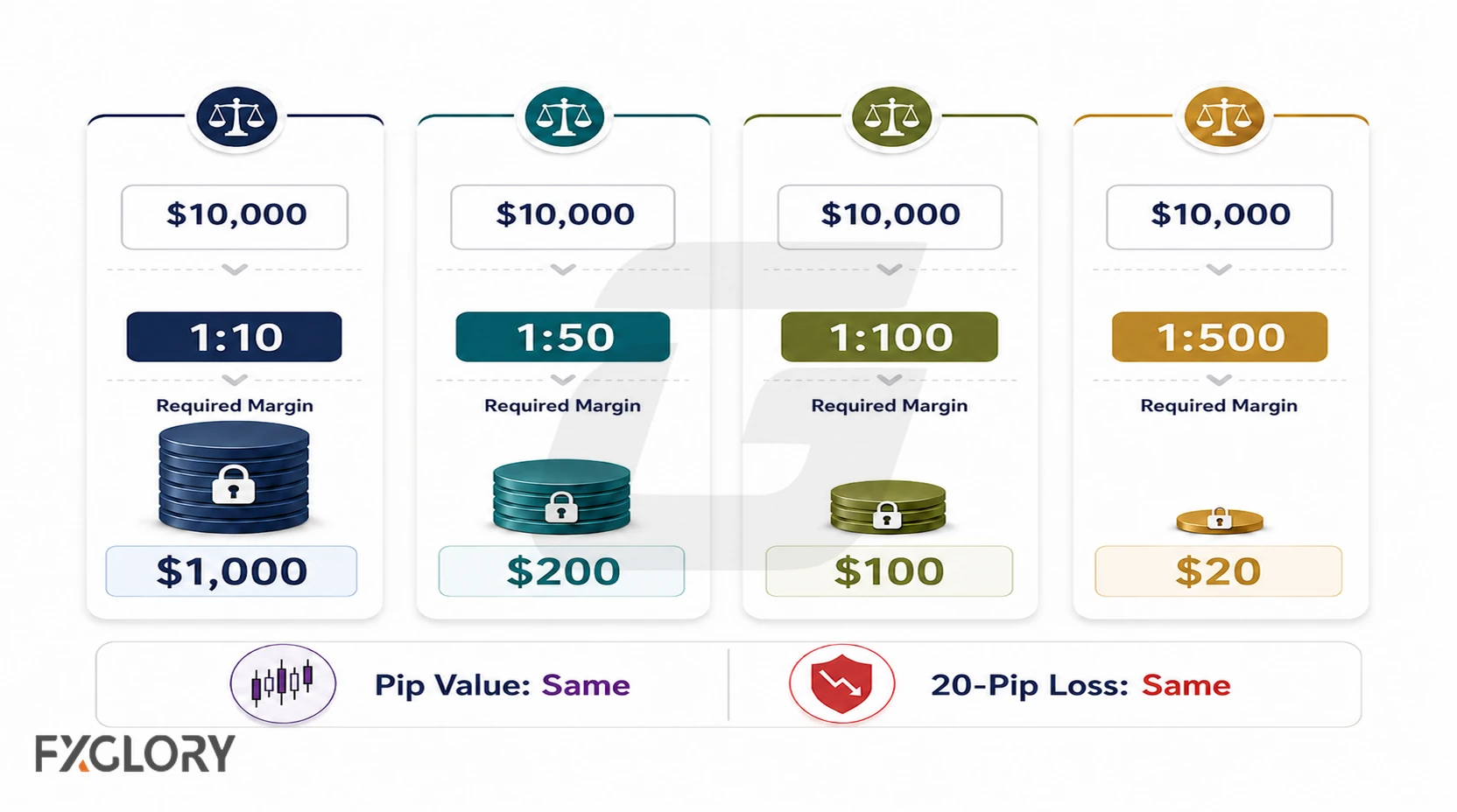 The same 10,000-dollar forex position shown at 1:10, 1:50, 1:100, and 1:500 leverage with decreasing margin requirements.