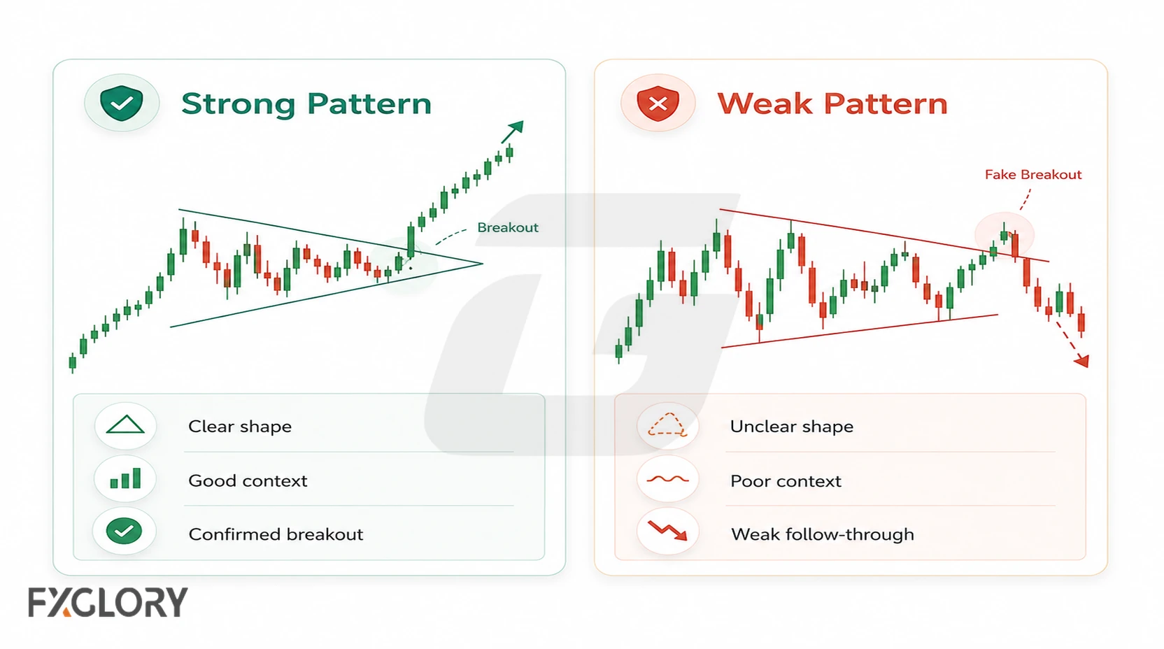 Comparison of a clear confirmed triangle breakout with an unclear pattern followed by a false breakout.