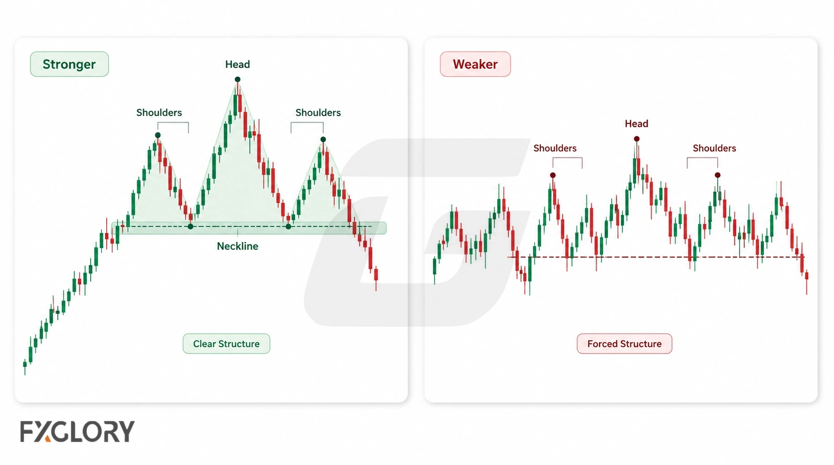 A clear head and shoulders pattern with a distinct head and neckline is compared with a choppy structure where the shoulders and neckline are less convincing.