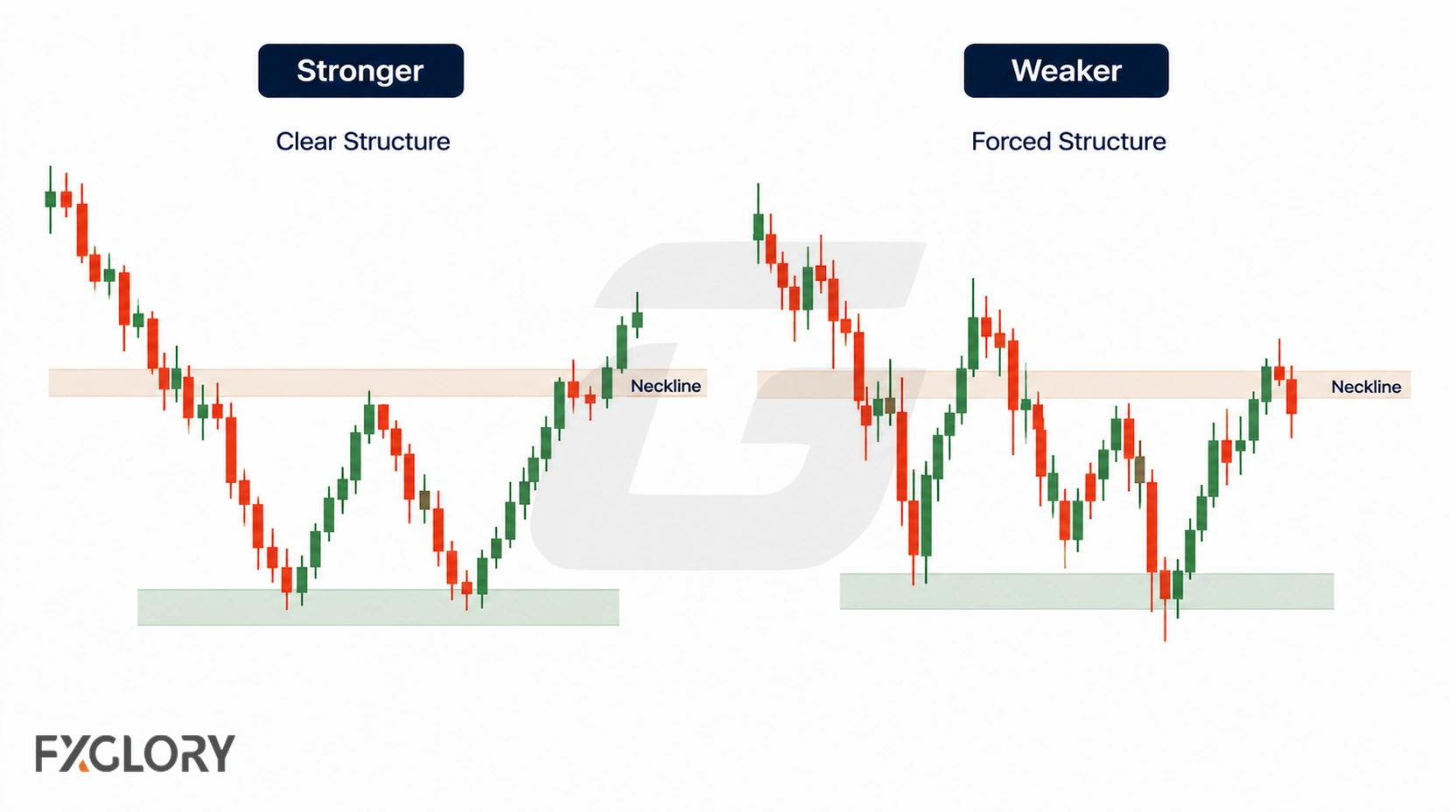 A clear W pattern with two similar support reactions and a defined neckline is compared with a choppy structure with uneven lows and a forced neckline.