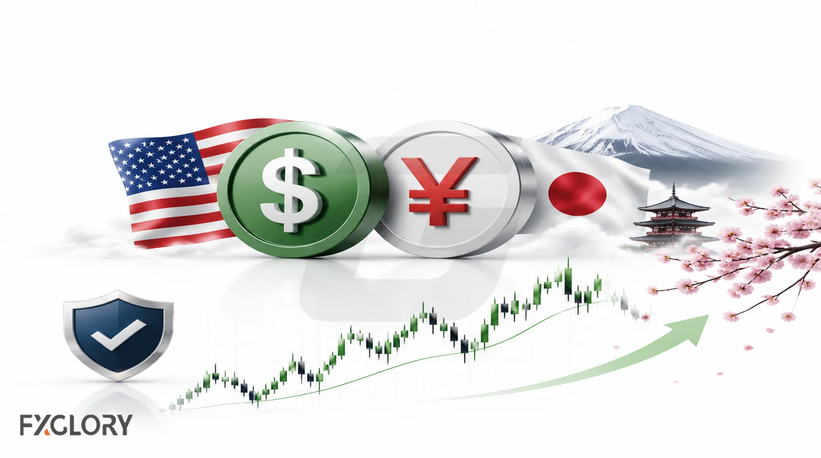 USD/JPY illustrated with steady trend direction and safe-haven symbolism.