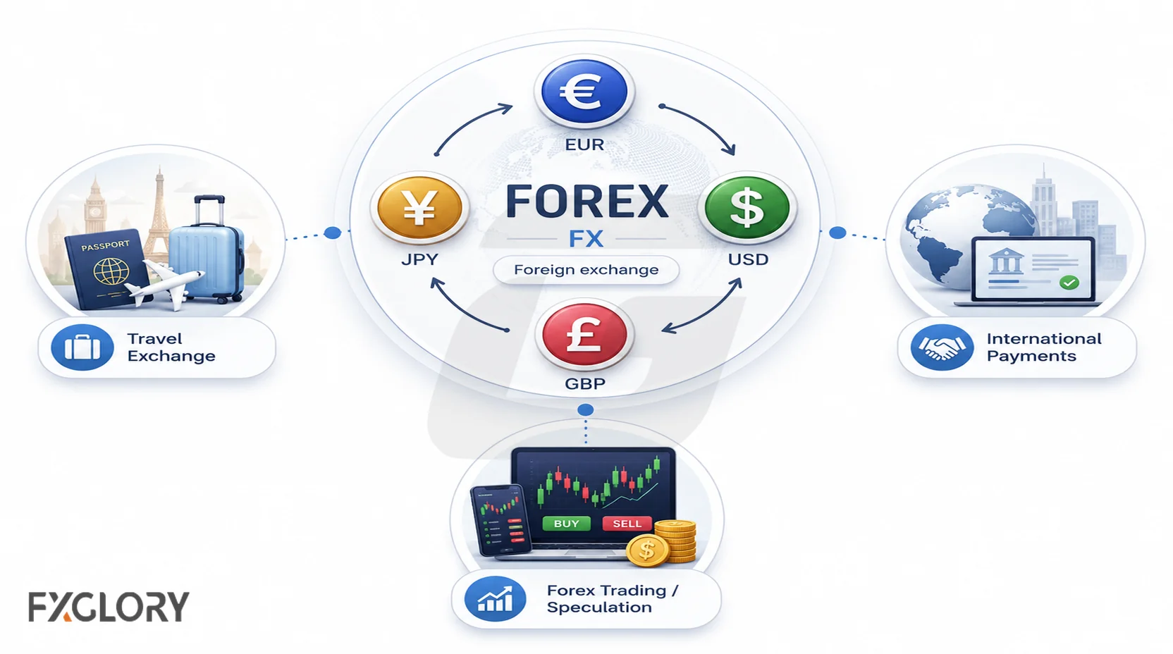 Foreign exchange shown through EUR, USD, GBP and JPY, with examples of travel exchange, international payments and forex trading.