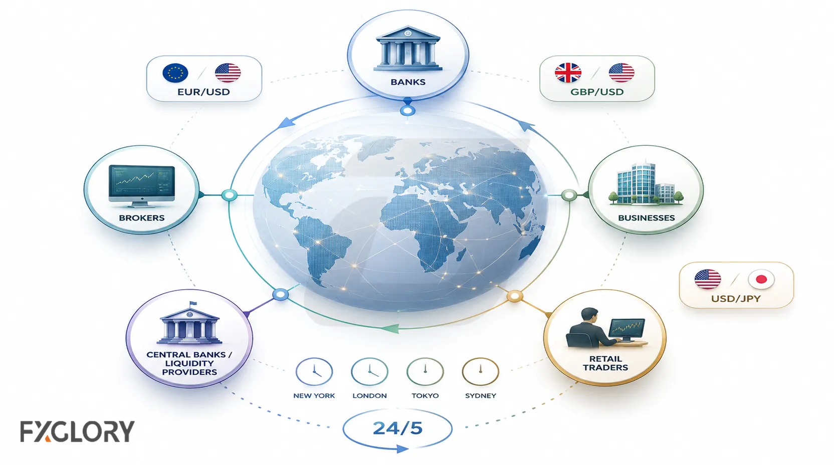 A global forex network connecting banks, brokers, businesses, liquidity providers and retail traders around a world map.