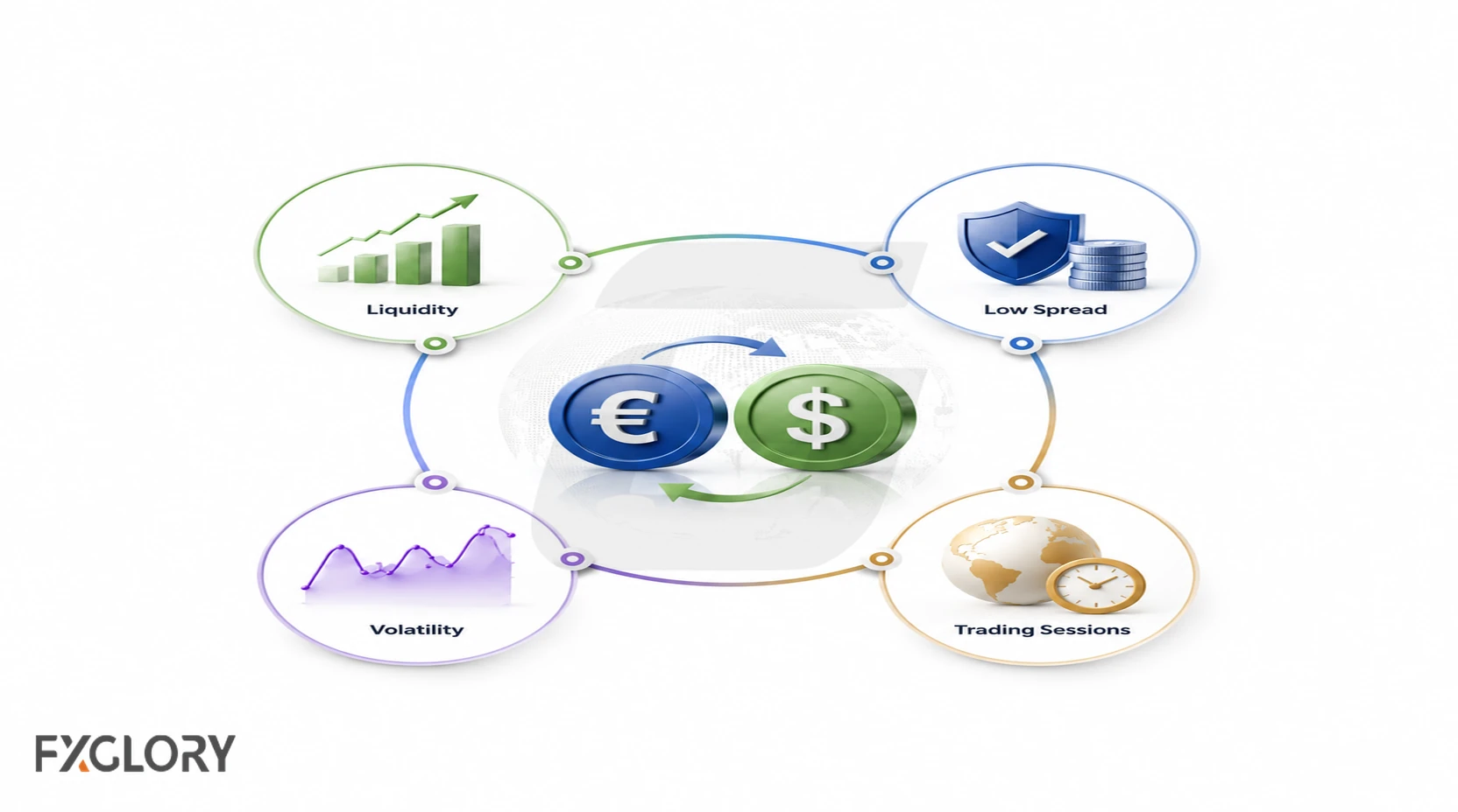 Illustration showing the core traits that make a forex pair easier for beginners to trade.