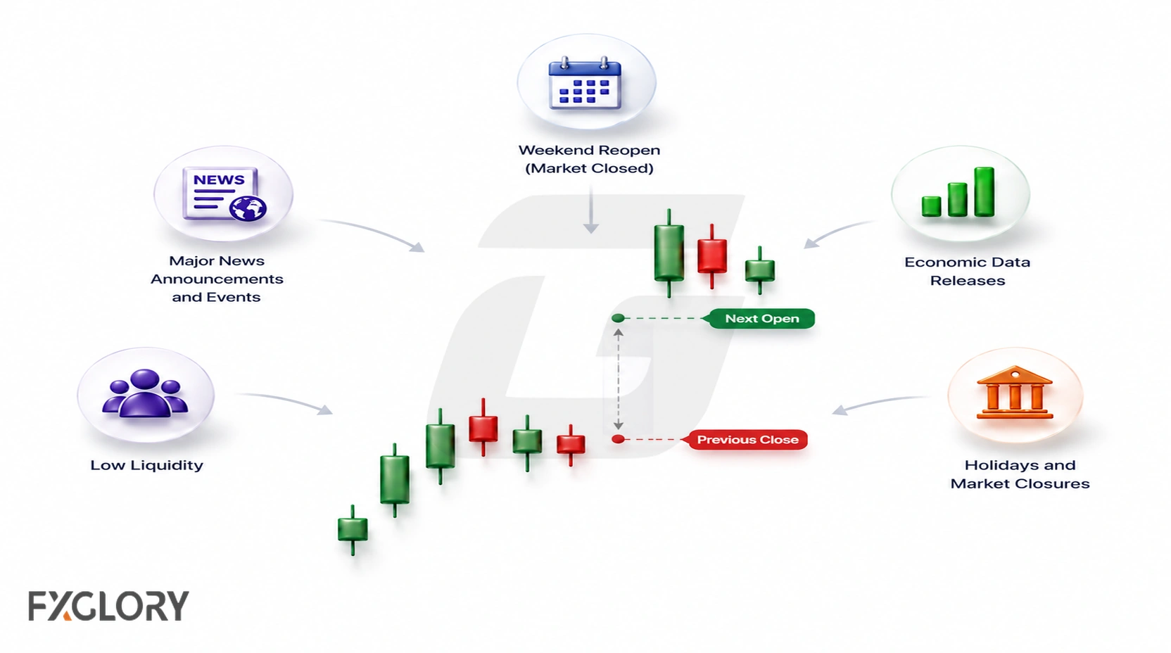 Visual linking market closures, news events, and liquidity conditions to the formation of price gaps.