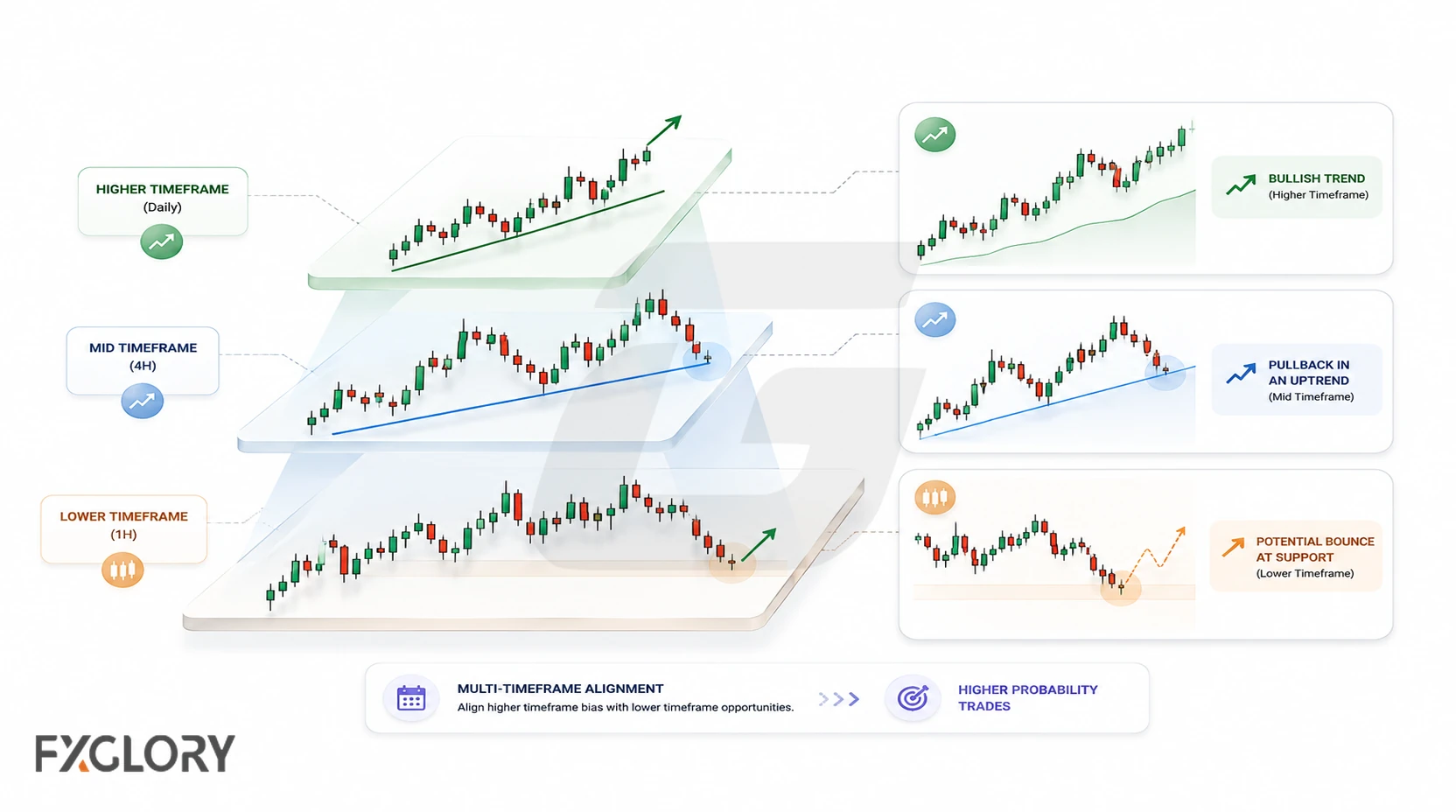 Comparison of higher-, medium-, and lower-timeframe charts showing different views of the same market trend.