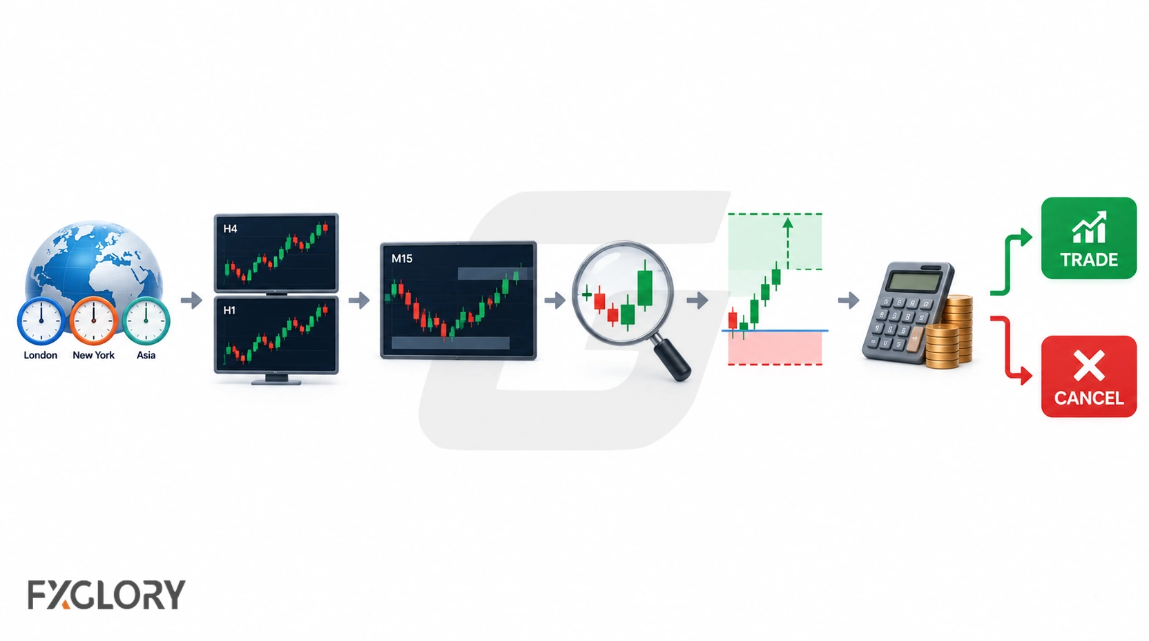 Step-by-step 15-minute forex workflow moving from session and higher-timeframe context through the M15 setup, confirmation, stop, target, risk check, and final trade-or-cancel decision.