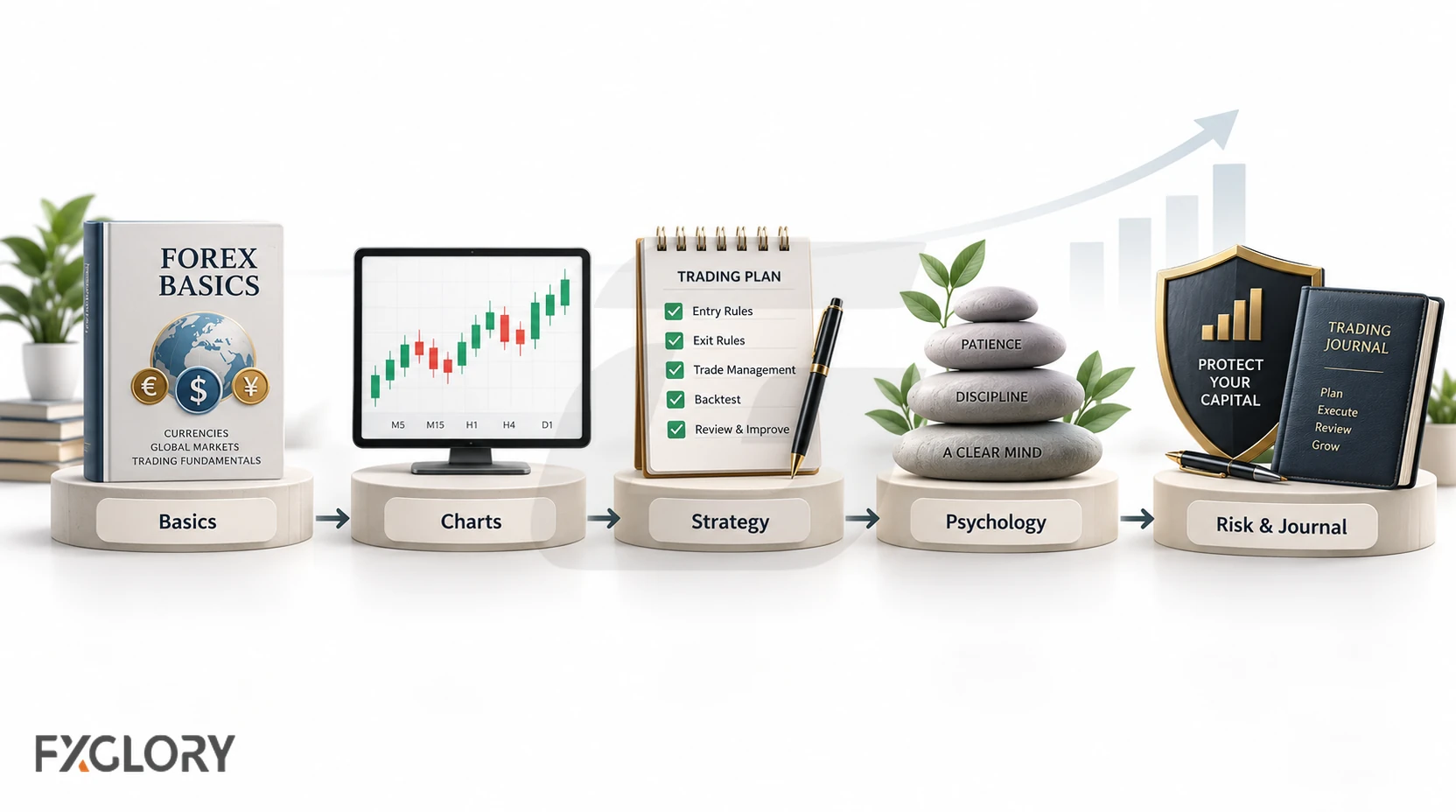 Learning path moving from forex basics and chart reading to strategy, trading psychology, risk control, and journaling.