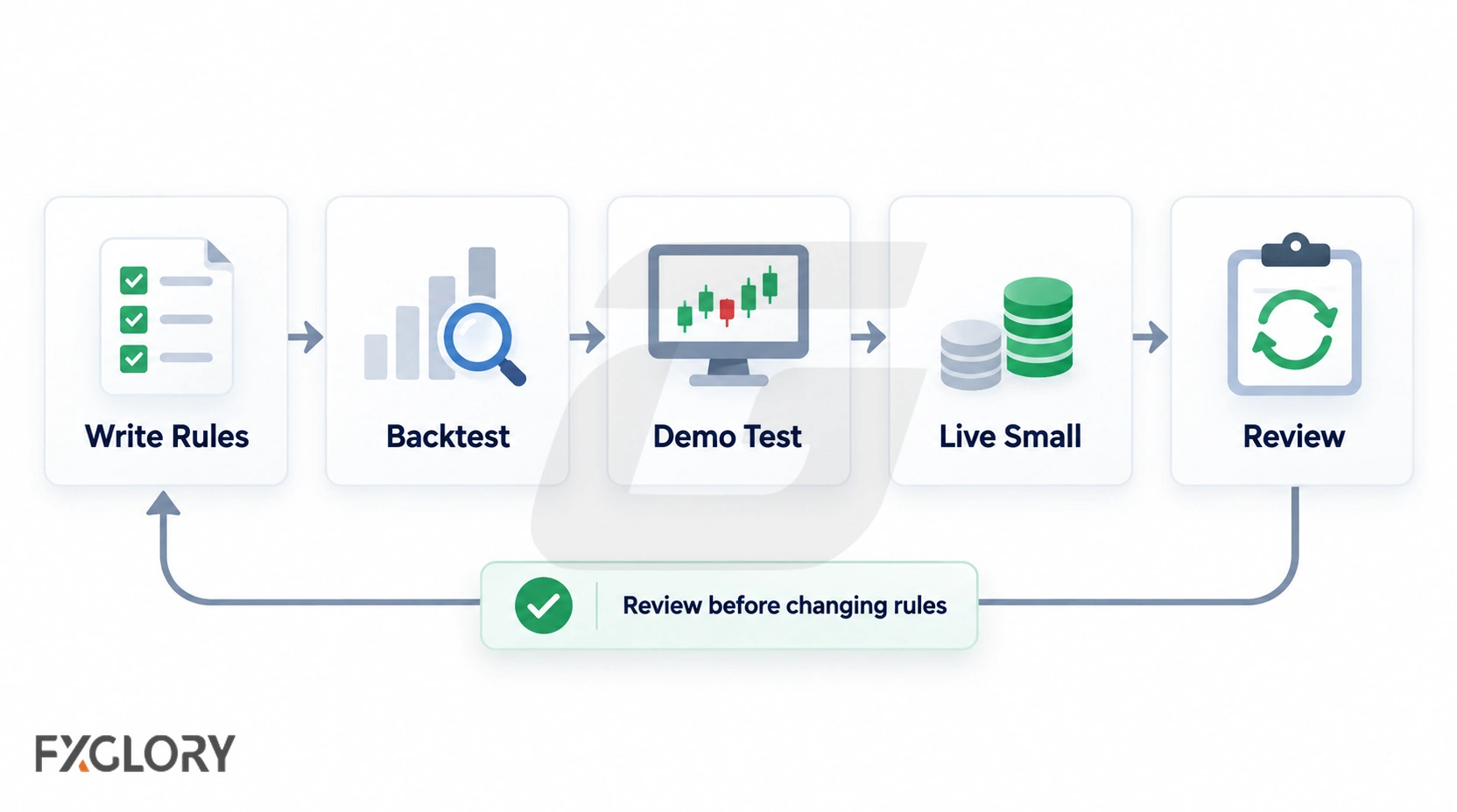 Five-stage workflow showing strategy rules, backtesting, demo testing, small live execution, and review.