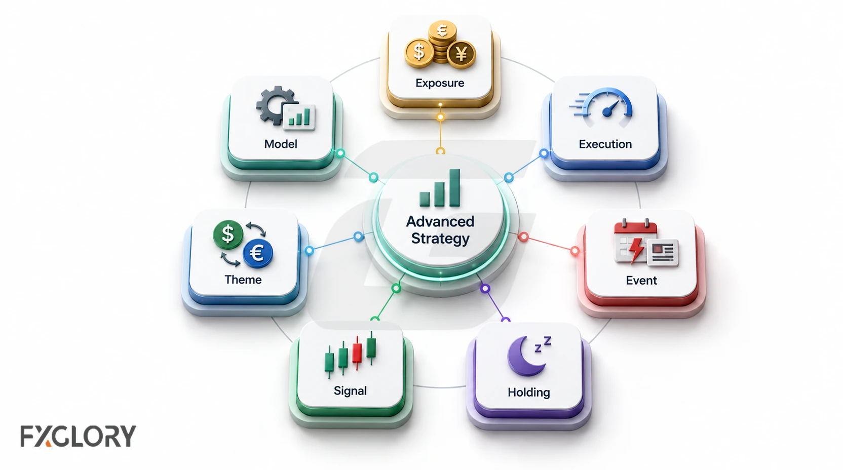 Advanced forex strategy risk map organized around exposure, execution, event, holding, signal, theme, and model risk.