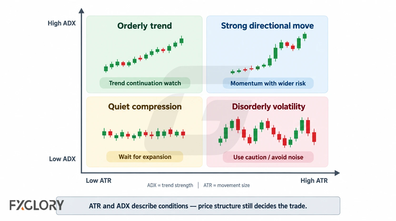 A four-quadrant matrix compares low and high ATR with low and high ADX, separating quiet compression, orderly trends, strong directional moves, and disorderly volatility.