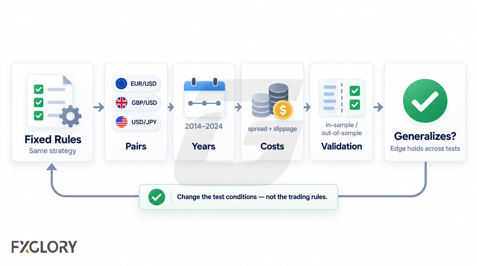 Backtesting workflow showing fixed rules tested across currency pairs, time periods, costs, and validation samples.