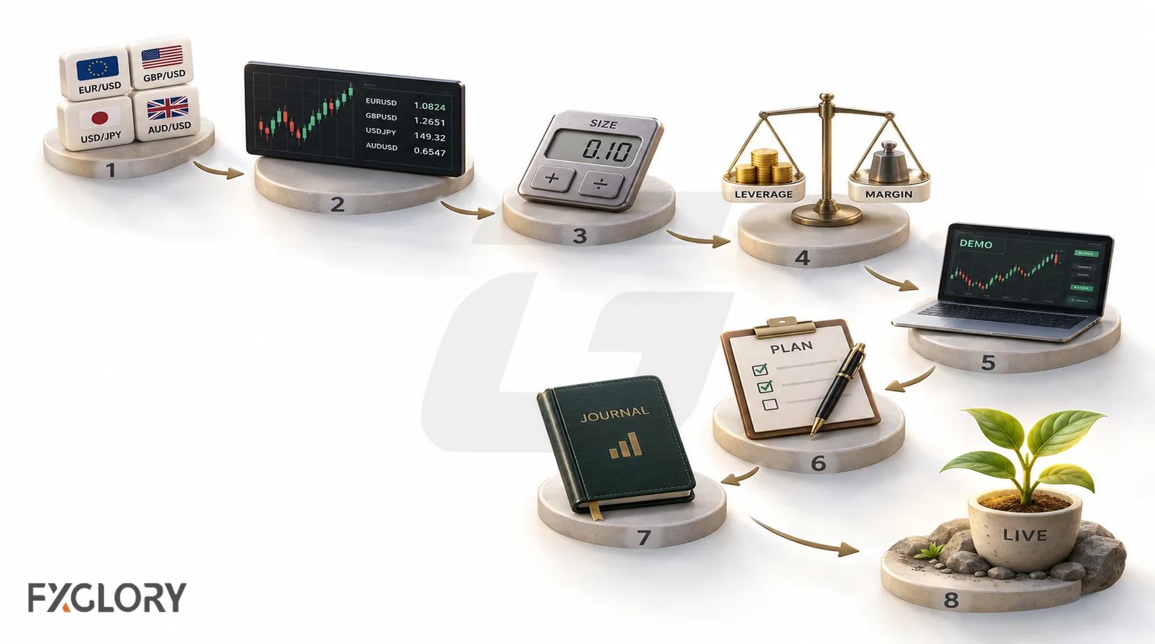 Beginner forex learning path showing currency pairs, quotes and charts, position size, leverage and margin, demo practice, a trading plan, a journal, and live trading.