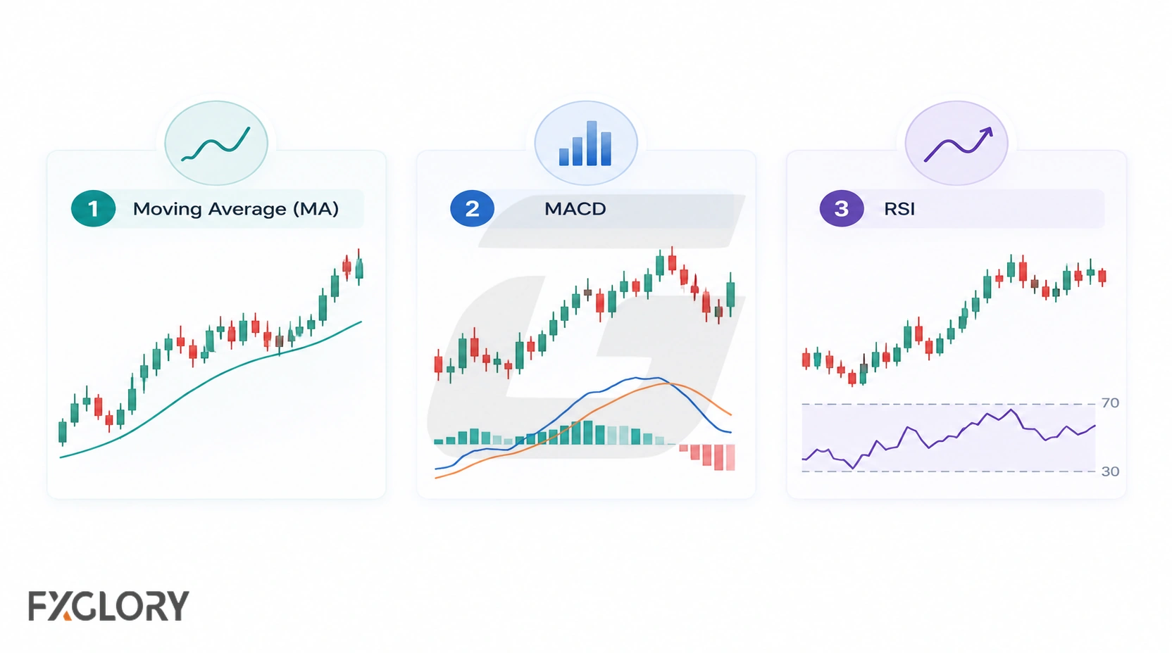 Three beginner-focused panels show a Moving Average on price, a MACD trend and momentum display, and an RSI oscillator with 70 and 30 reference levels.