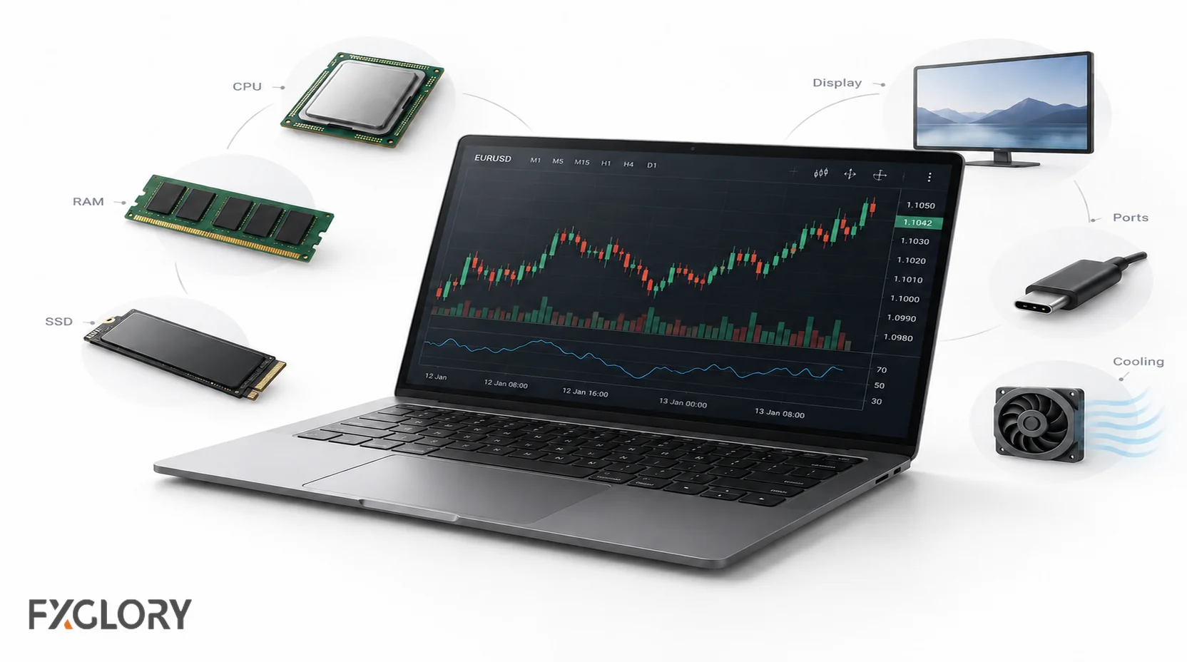 Forex trading laptop surrounded by CPU, RAM, SSD, display, ports, and cooling components.