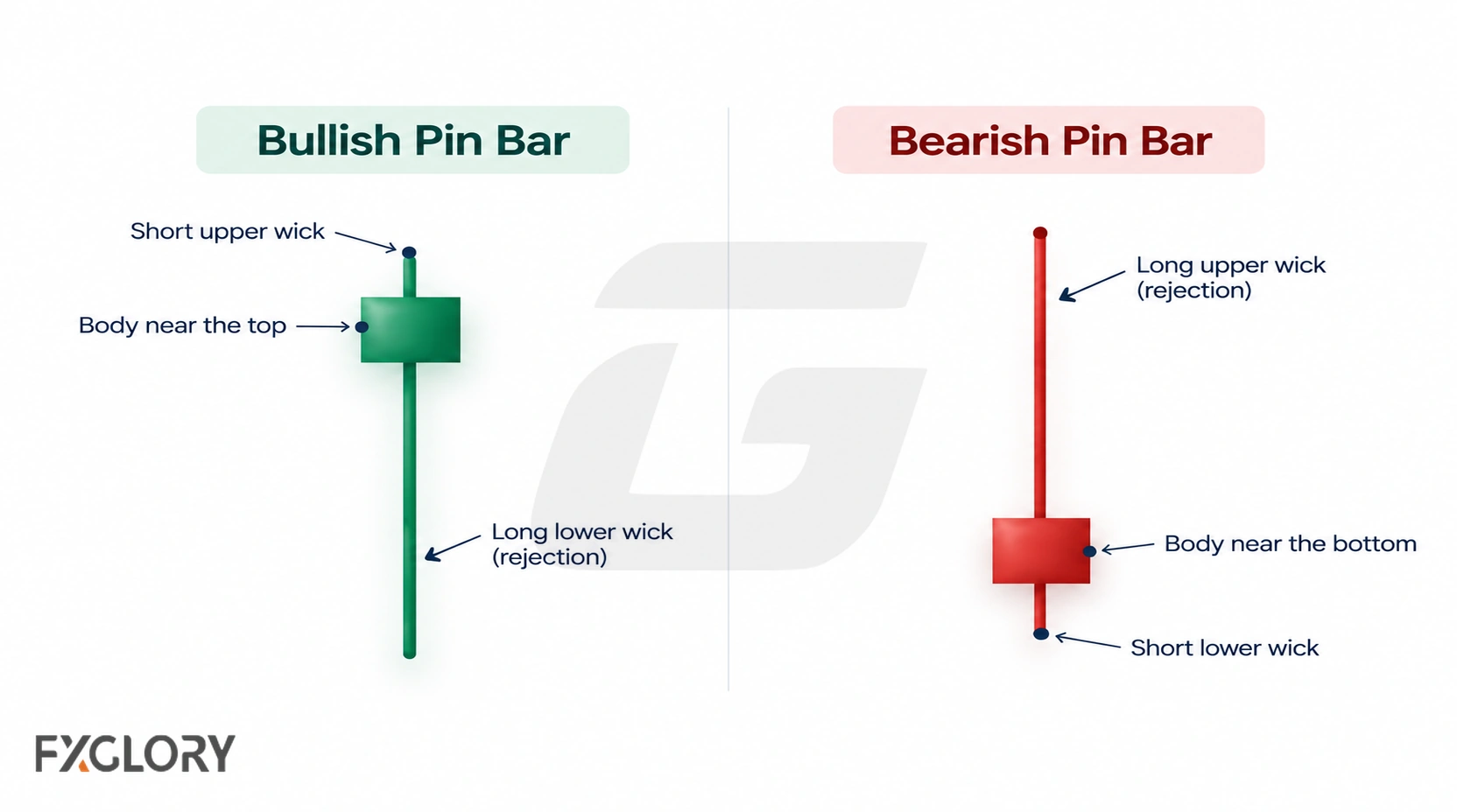 Bullish and bearish pin bars are shown with opposite wick directions, highlighting downside rejection for bullish bars and upside rejection for bearish bars.