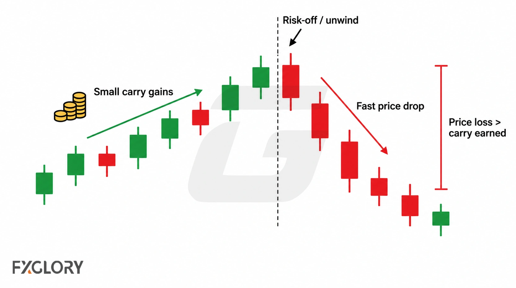 A rising carry trade chart turns sharply lower after a risk-off unwind, with the rapid price loss exceeding the smaller carry gains accumulated beforehand.