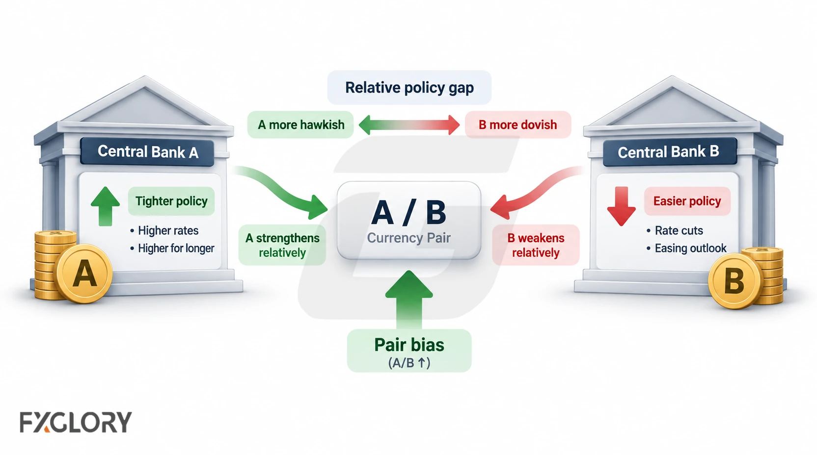 Two central banks with opposing policy stances feed into a currency pair, showing one side becoming relatively stronger while the other becomes relatively weaker.
