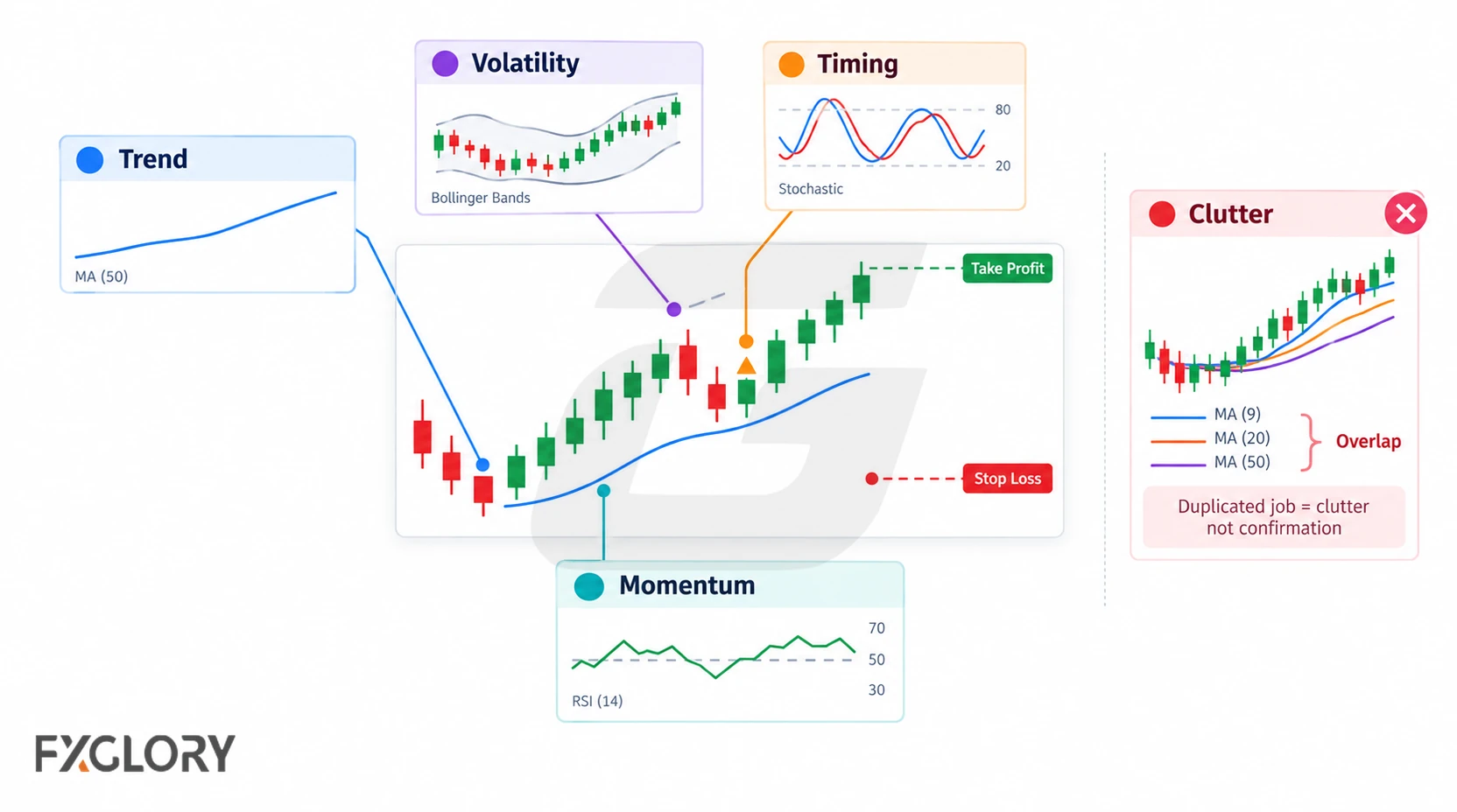 Trading chart showing indicators assigned to separate roles including trend, momentum, volatility, timing, and risk management.