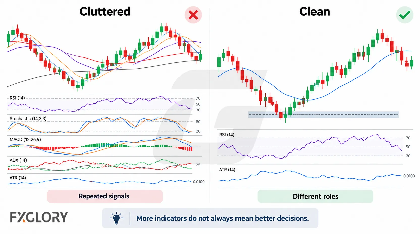 A side-by-side forex chart comparing a cluttered stack of overlapping indicators with a cleaner role-based indicator layout.
