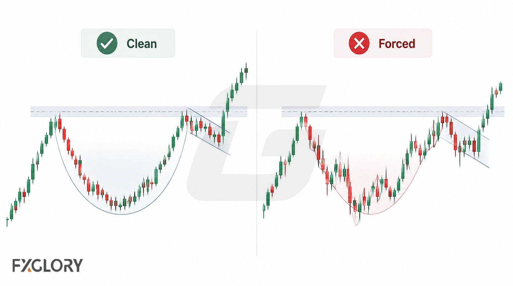 Comparison of a clean cup and handle with a smooth rounded structure and a forced pattern with irregular price action.