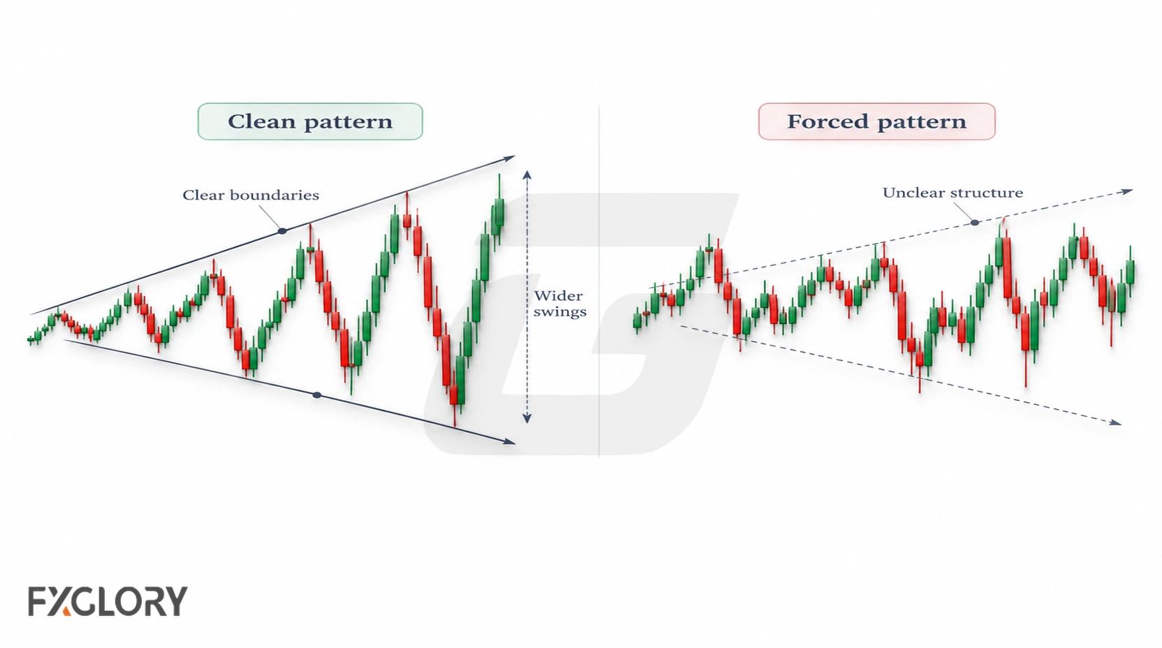 Comparison of a clean megaphone pattern with clear boundaries and a forced pattern with unclear price structure.