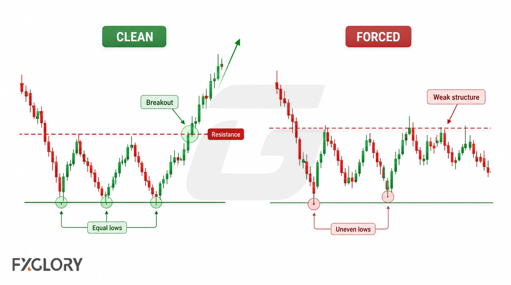 Comparison between a clean triple bottom with balanced lows and a forced pattern with uneven structure.