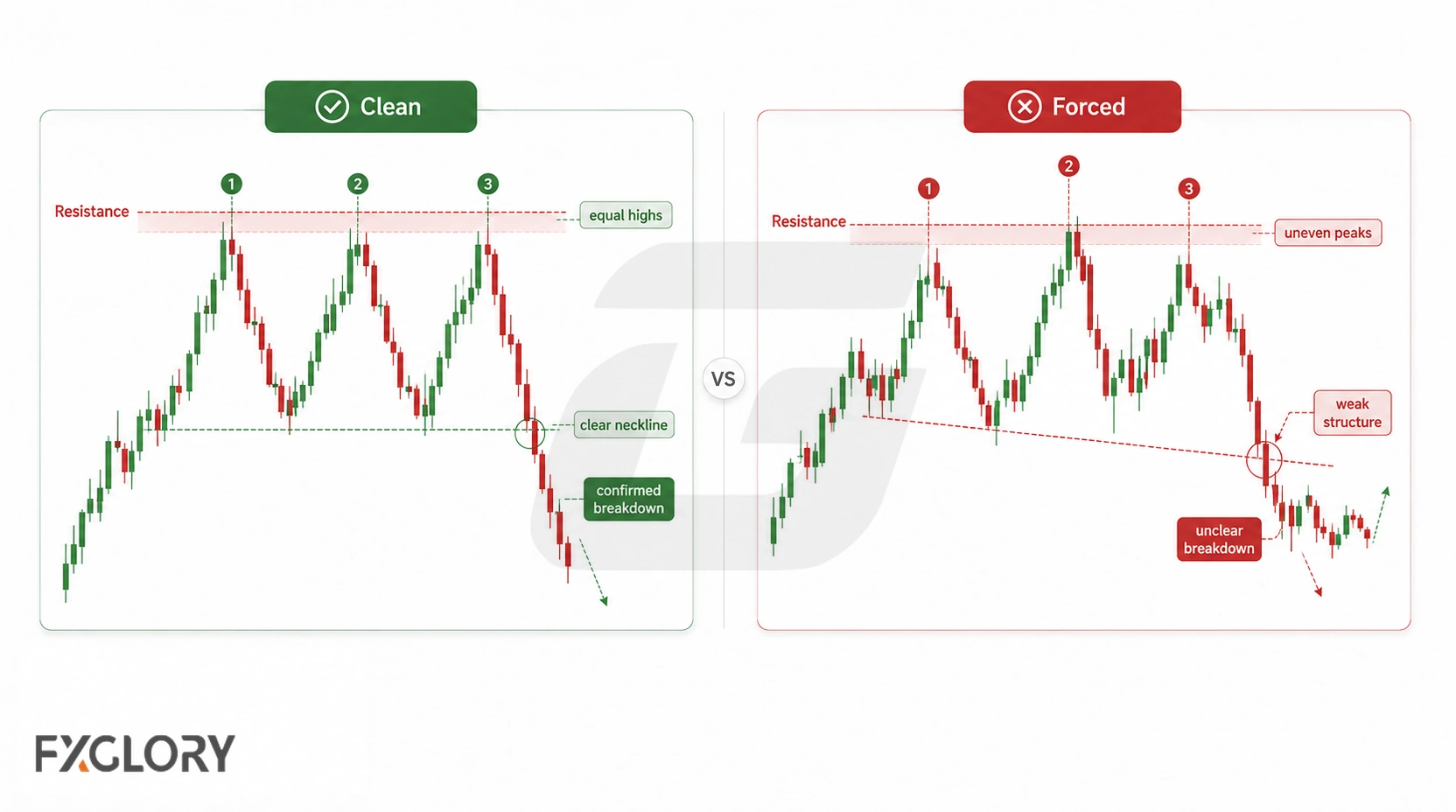 Two charts compare a clean triple top with similar peaks and a clear neckline against a forced example with uneven highs and weak structure.