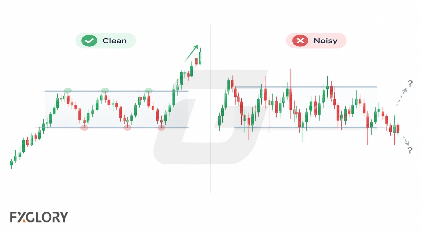 Side-by-side candlestick charts compare a clean rectangle with stable boundaries against a noisy range with repeated overshoots.