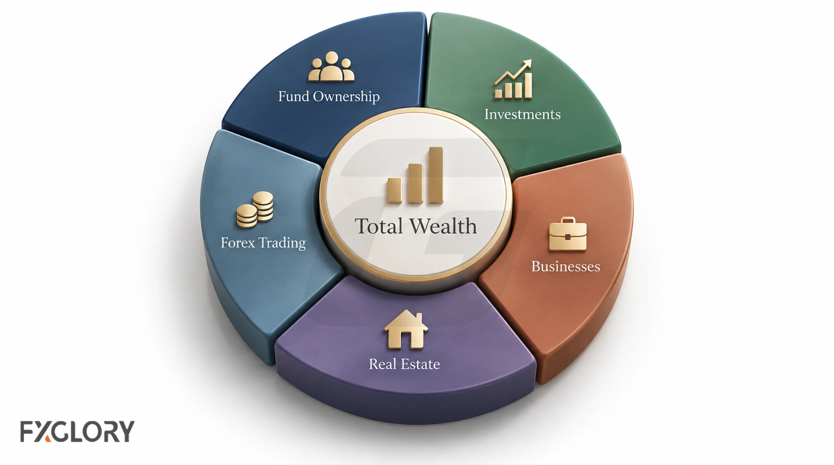 Diagram showing total wealth divided among fund ownership, investments, businesses, real estate, and currency trading.