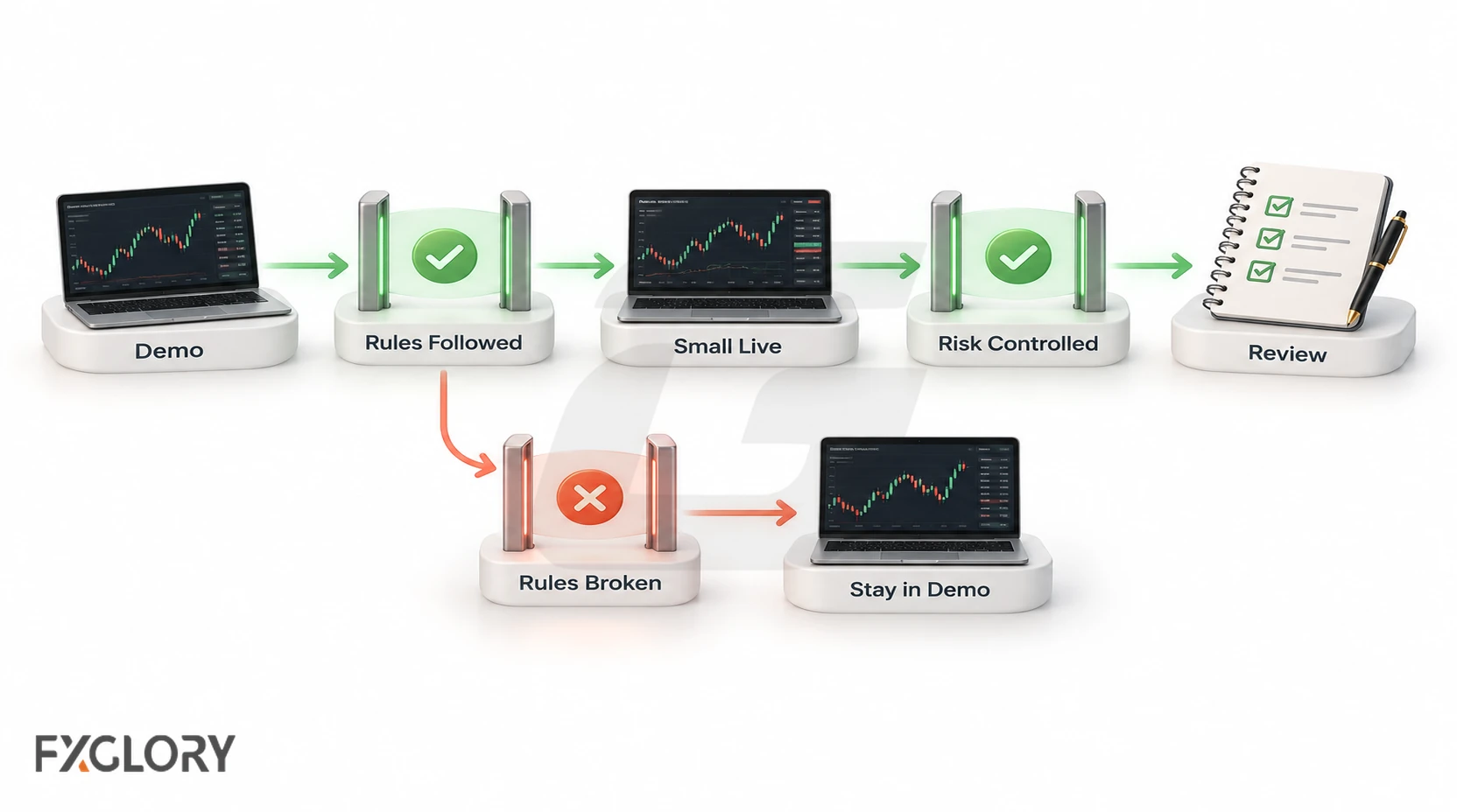 Demo-to-live trading flow showing rule-following and risk control as checkpoints before review, with broken rules sending the trader back to demo.
