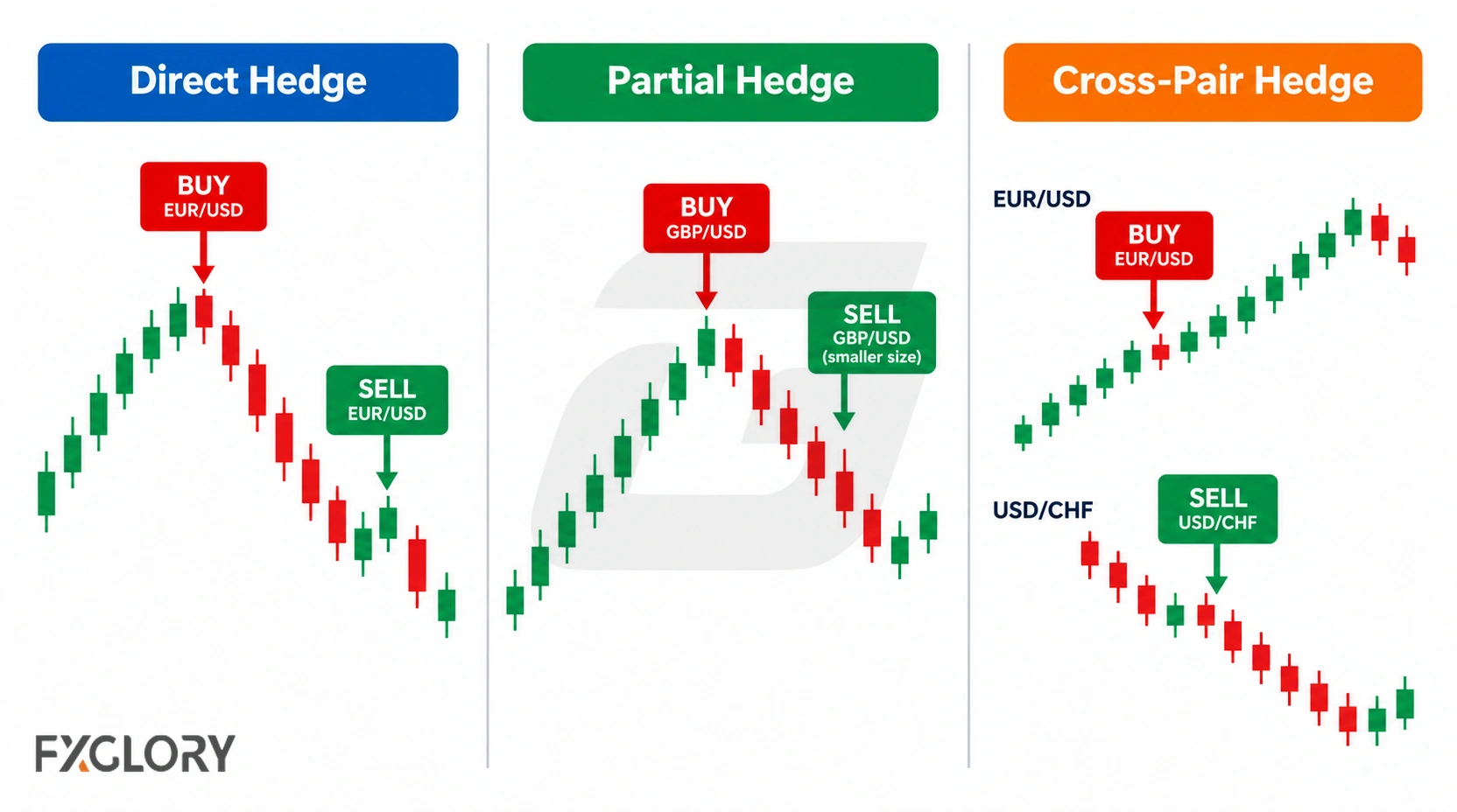 Three hedging methods comparing an opposite position on the same pair, a smaller offsetting position, and a related currency pair hedge.