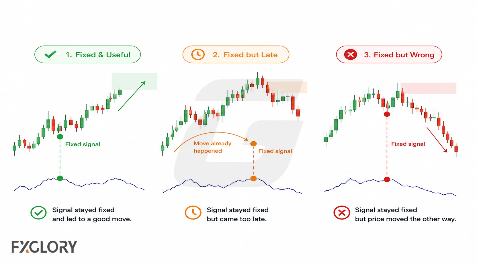 Three fixed forex indicator signals followed by useful, late, and unsuccessful price outcomes.